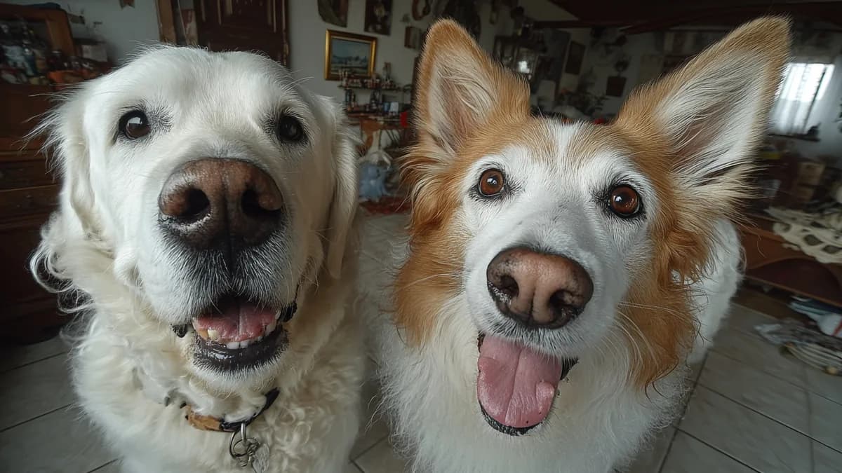 Two happy dogs looking up at the camera at home