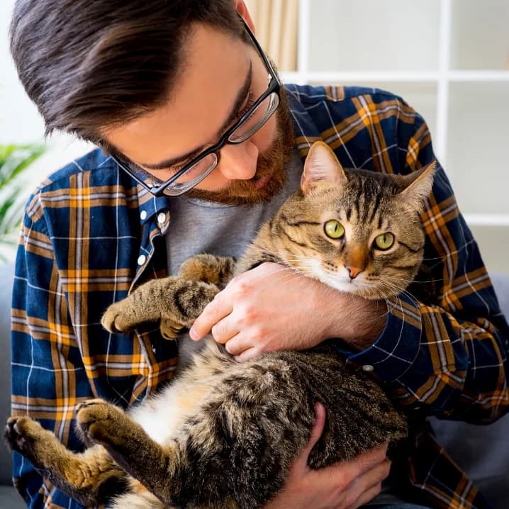 Man at home holding his tabby cat