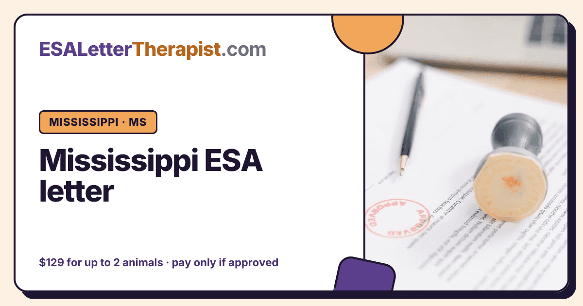 Mississippi ESA letter, ESA Letter Therapist Mississippi · MS