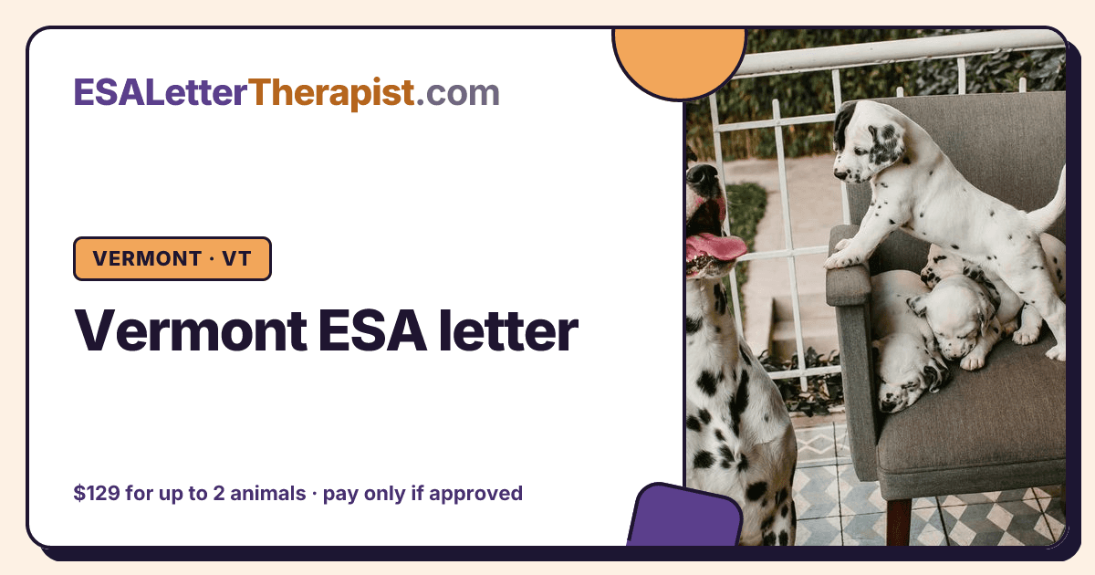 Vermont ESA letter, ESA Letter Therapist Vermont · VT
