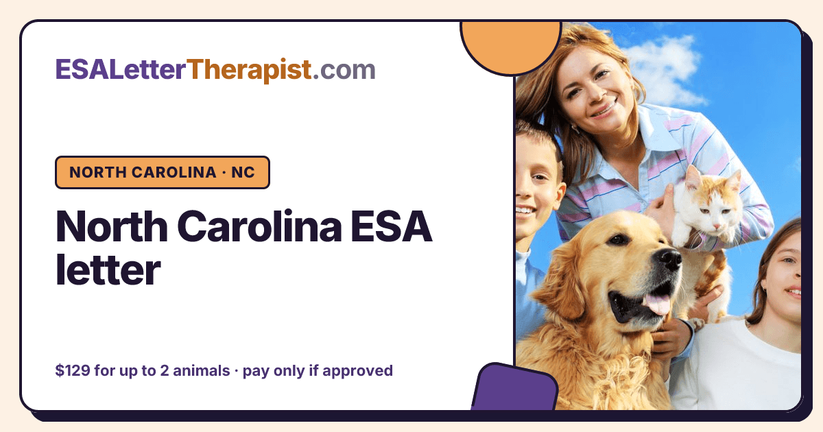 North Carolina ESA letter, ESA Letter Therapist North Carolina · NC